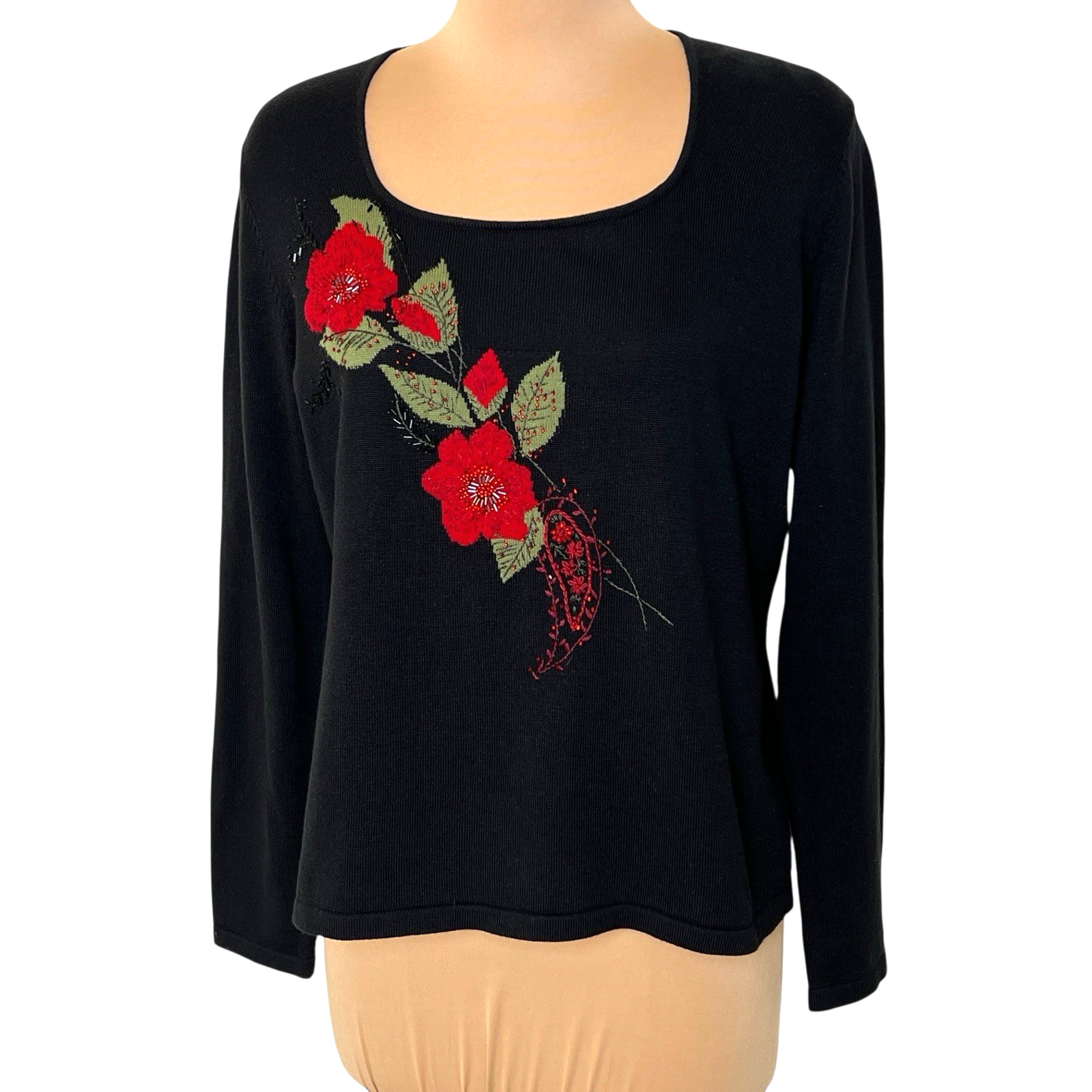 Vintage Emma James Knit Sweater Black Size Large Embellished Beaded Red Flowers